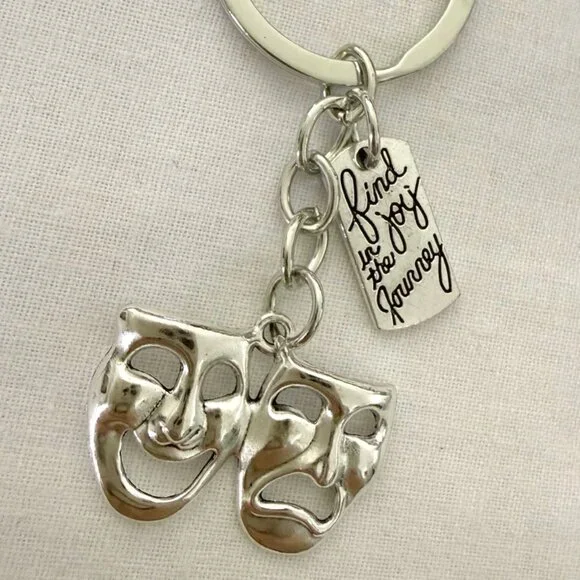 Theater Masks Keychain Bag Charm 3 Inch Silver Tone Drama Comedy Accessory - Picture 3 of 6